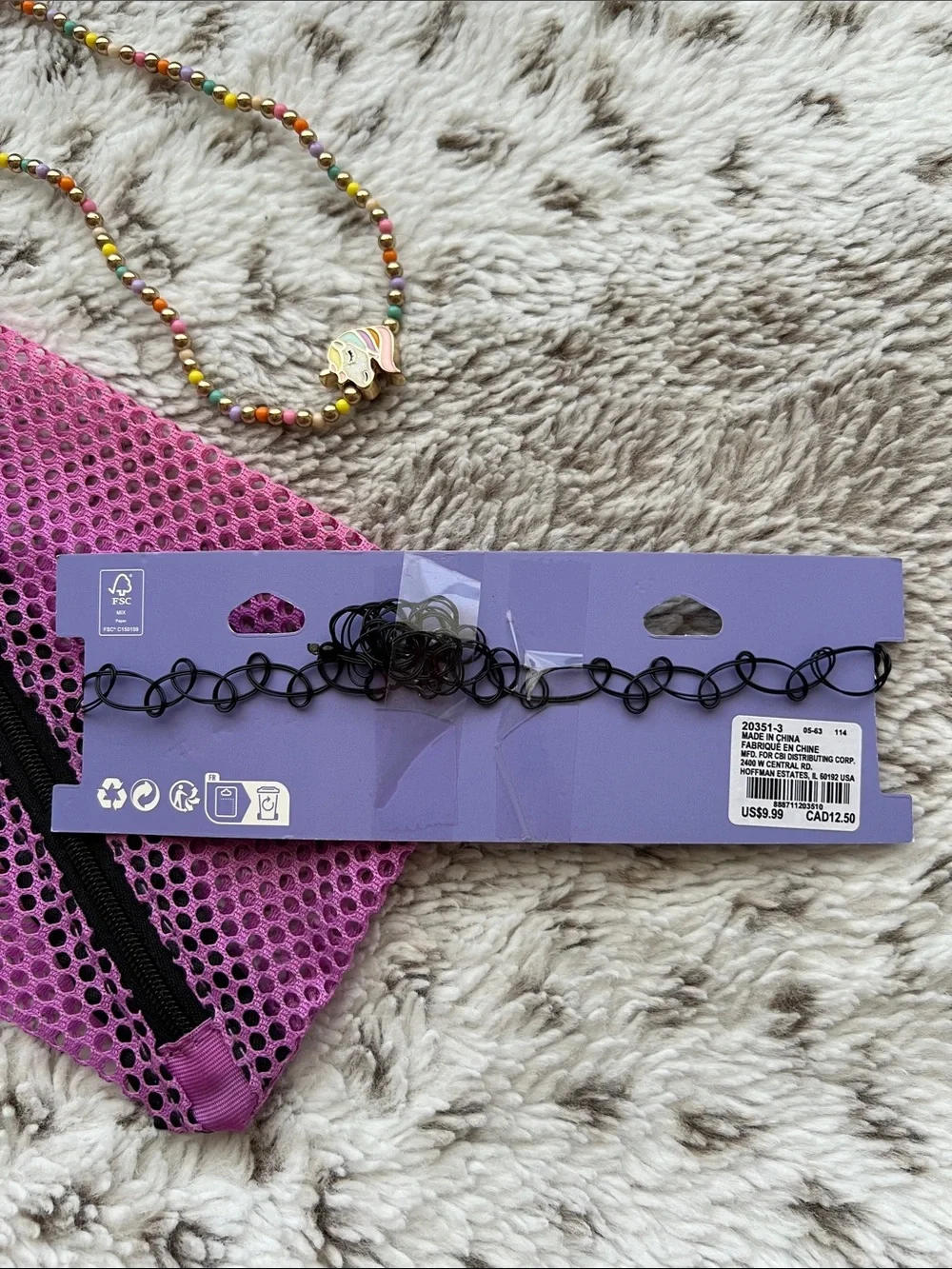 Assortment of Claire’s Necklaces & Purple Mesh Pouch